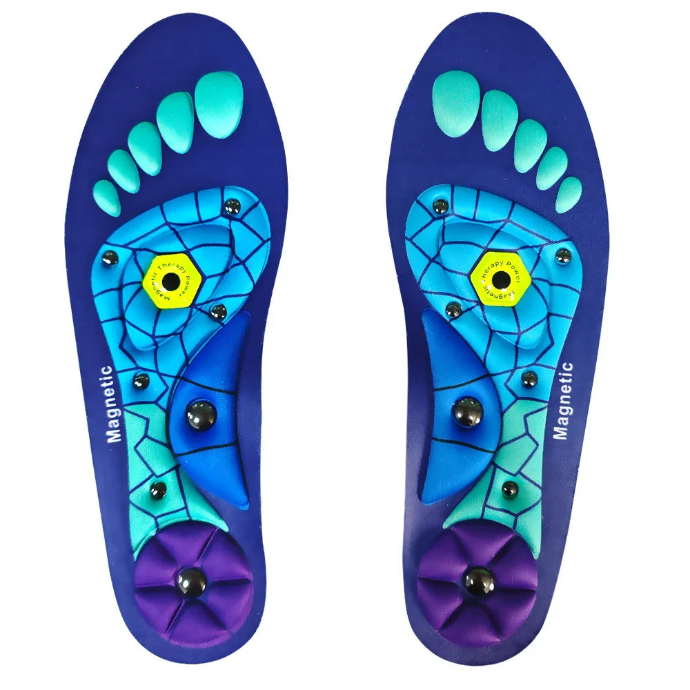 Pair of blue magnetic therapy insoles with foot reflexology map design