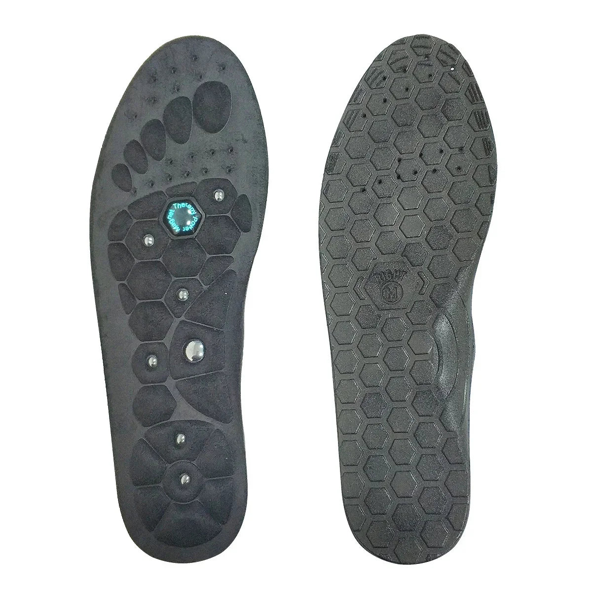 Pair of black rubber shoe insoles with hexagonal and ergonomic grip patterns