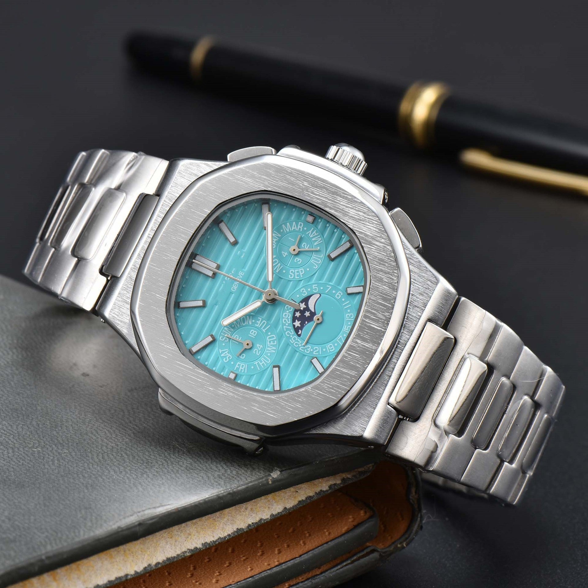 Fashionable Six-Prong Steel-Strap Business-Style Nautilus Mens Watch Strattosolve Incorprated