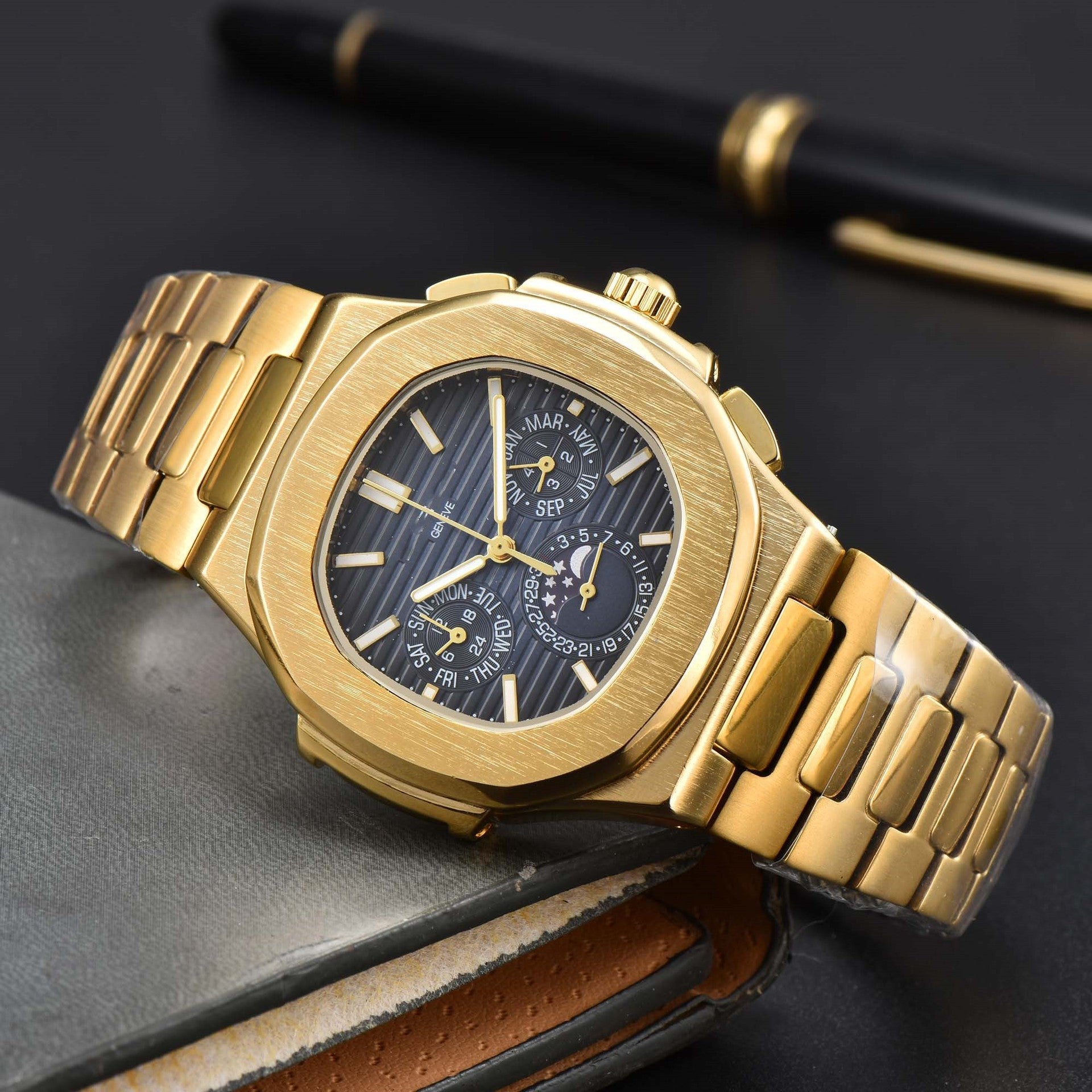 Fashionable Six-Prong Steel-Strap Business-Style Nautilus Mens Watch Strattosolve Incorprated