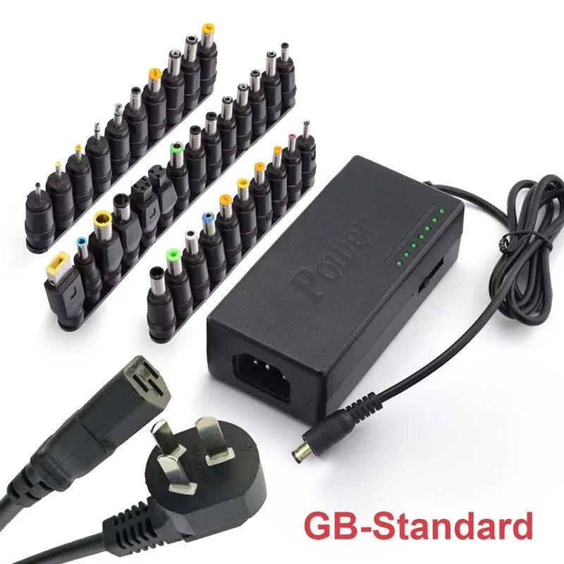 Universal laptop power adapter with GB plug, multiple interchangeable connector tips