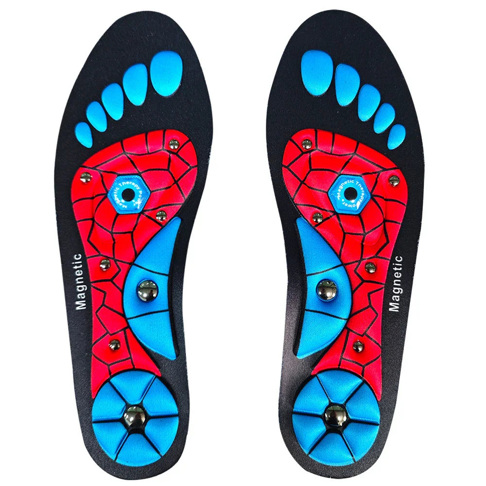 Pair of colorful magnetic therapy insoles with red, blue, and black foot design.
