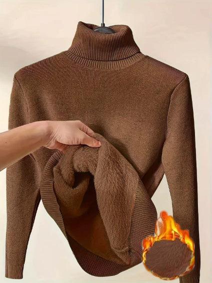 Brown turtleneck sweater with thick, soft fabric, thermal and warm, held by hand
