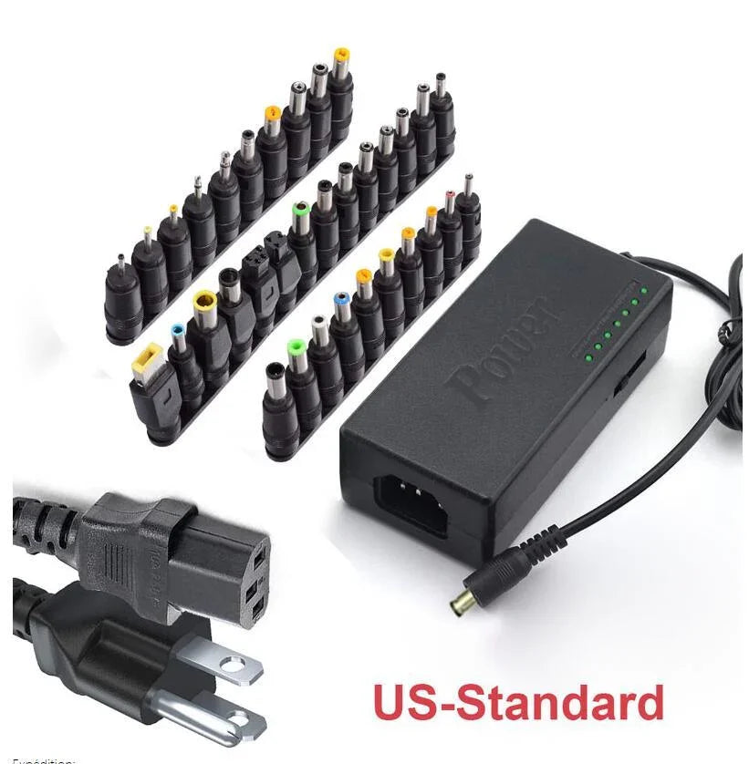 Universal laptop charger with multiple adapter tips and US standard plug.