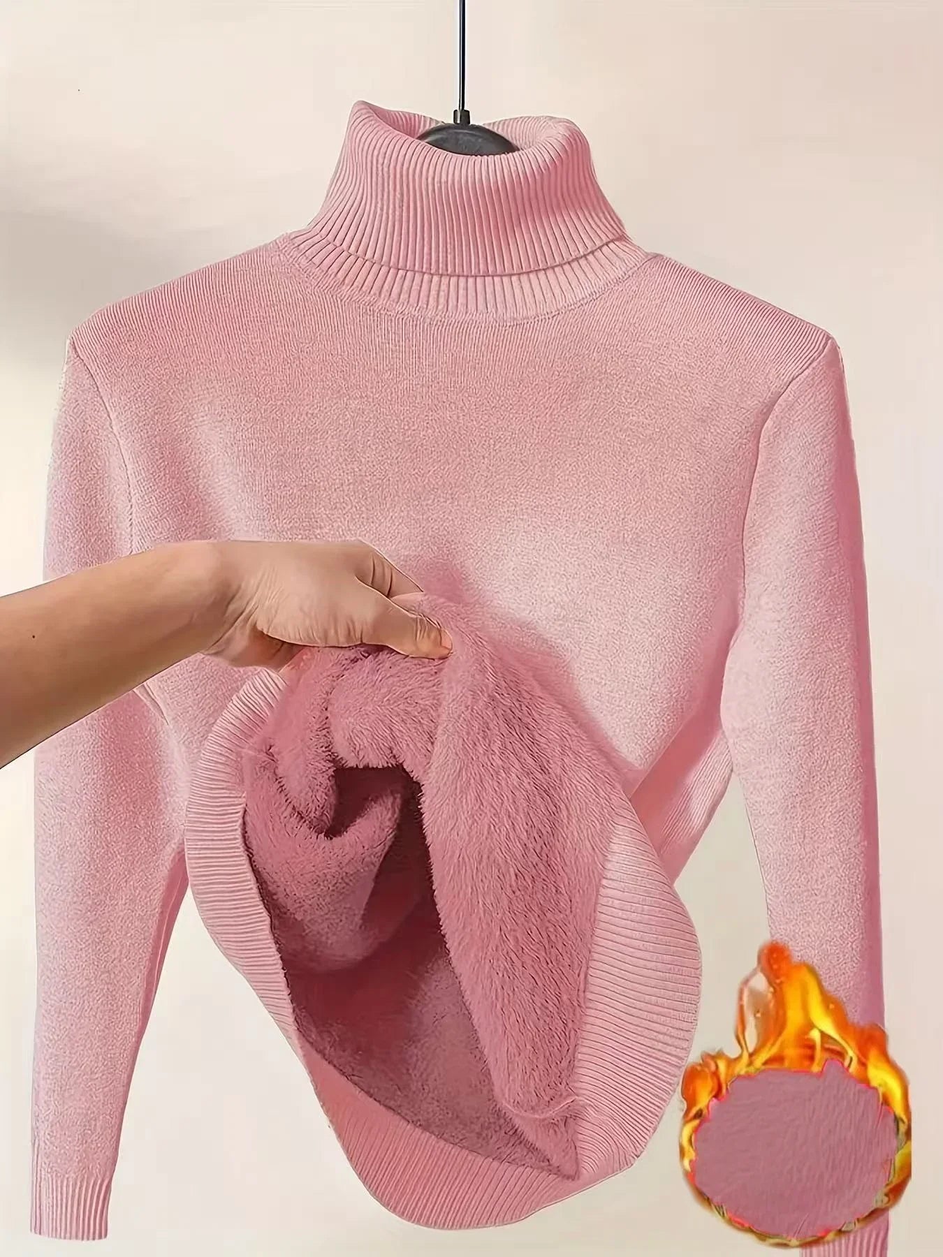 Pink turtleneck sweater with soft fleece lining, cozy and warm winter knitwear