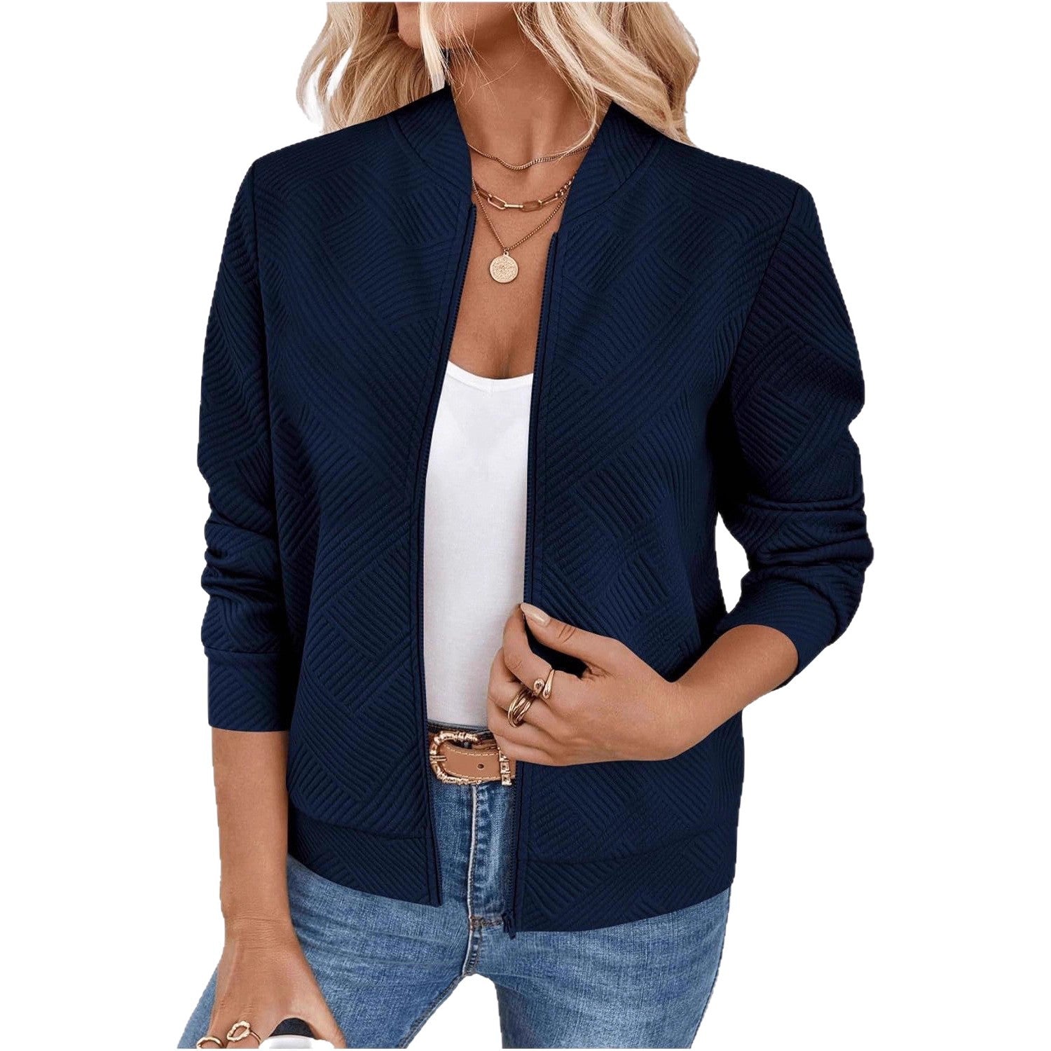 Womens Textured Zip-Up Bomber Jacket Casual Outerwear Strattosolve Incorprated