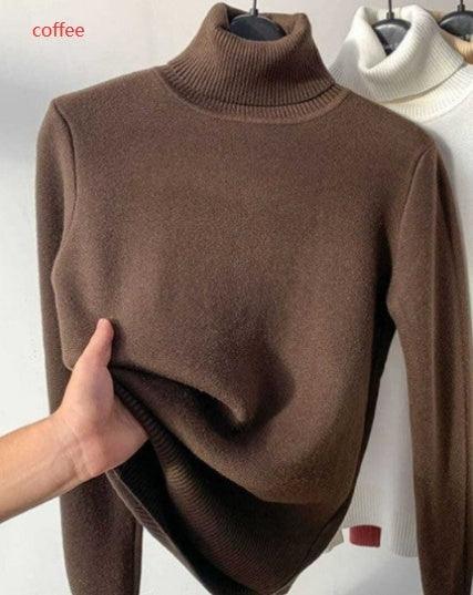 Brown turtleneck sweater with ribbed collar, cozy knit texture, hand holding hem, white option in background
