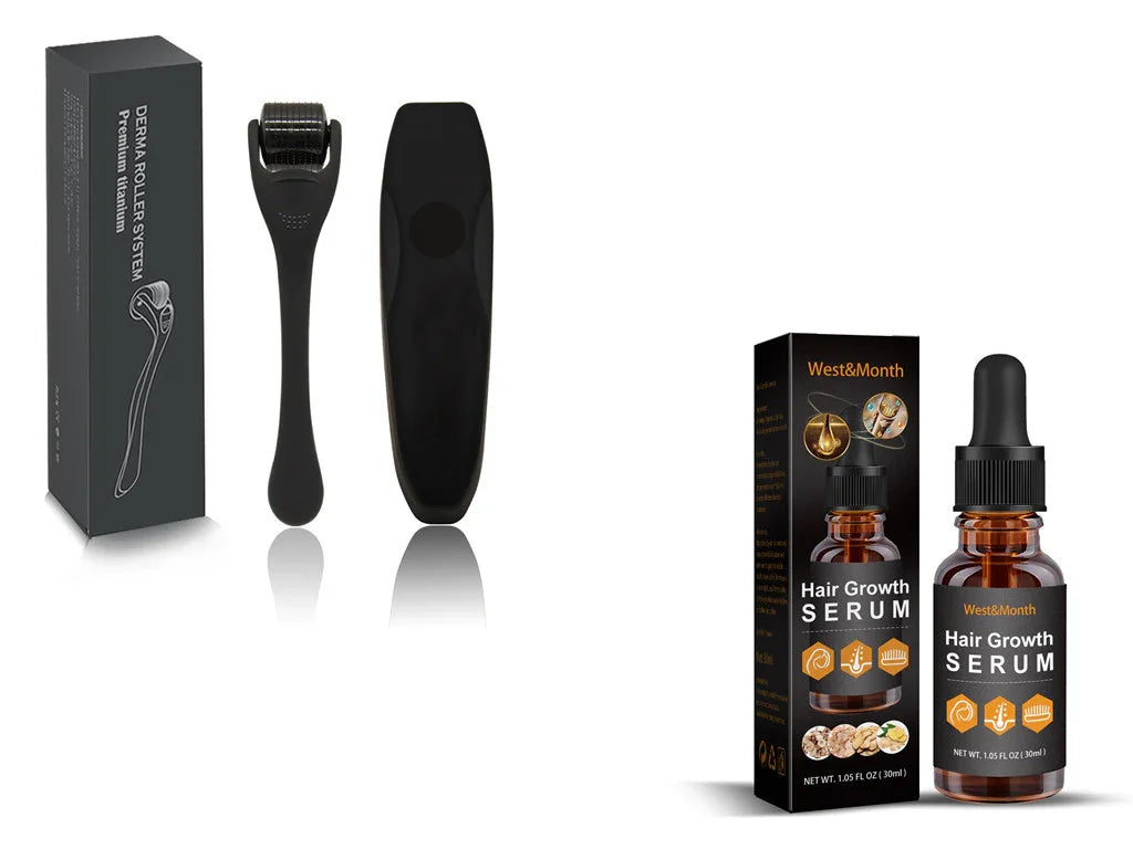 Derma roller system kit and West&Month hair growth serum with packaging, hair care products