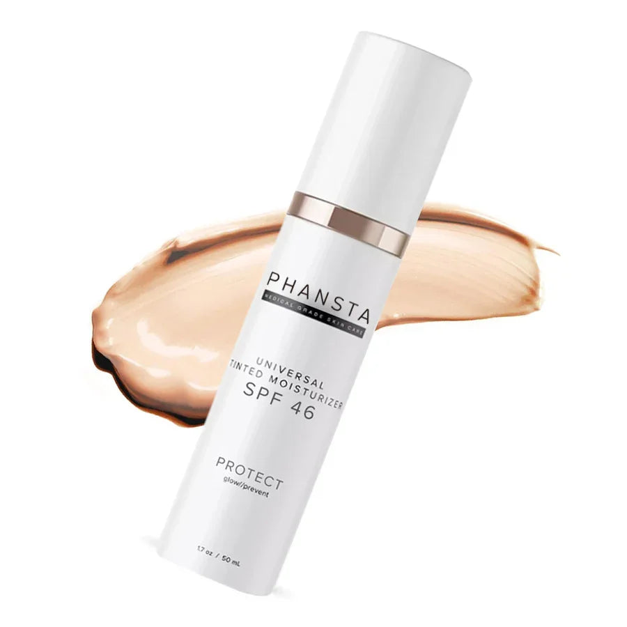 Universal tinted moisturizer SPF 46 bottle on a smear of beige cream