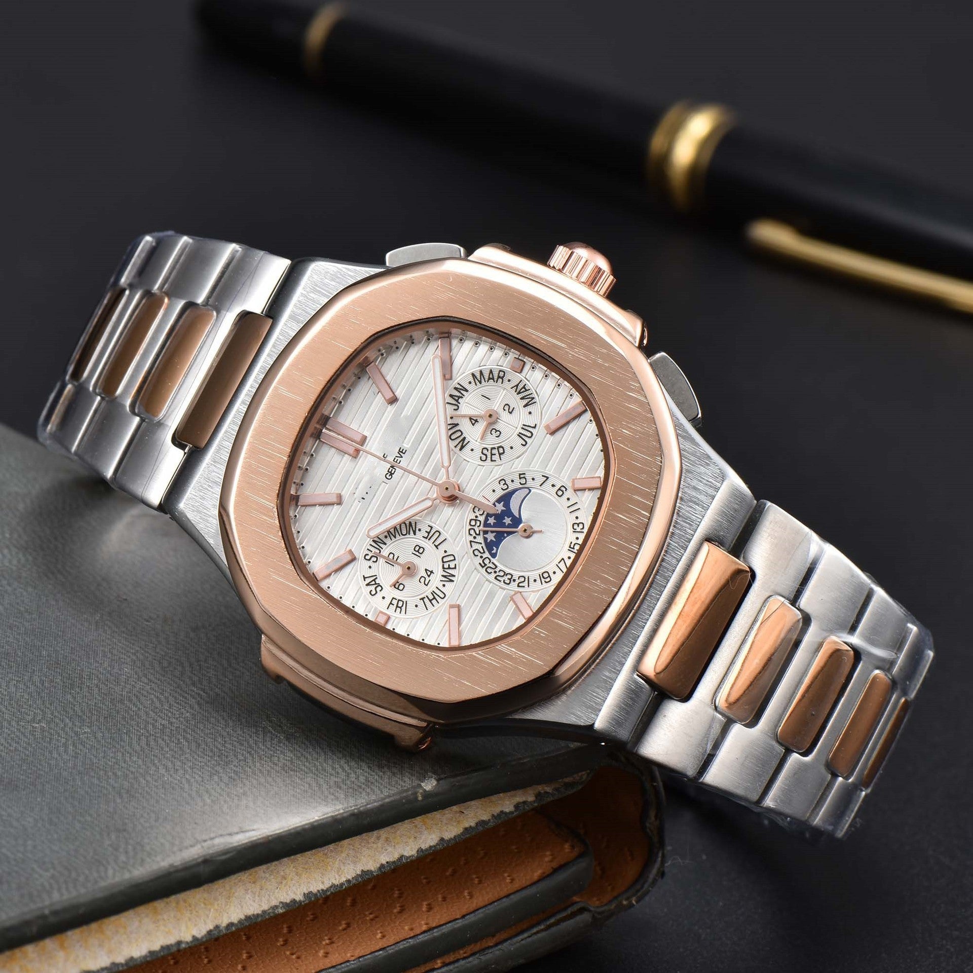 Fashionable Six-Prong Steel-Strap Business-Style Nautilus Mens Watch Strattosolve Incorprated