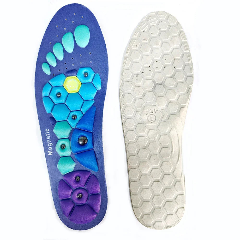 Colorful magnetic acupressure insoles with hexagon pattern and foot diagram design