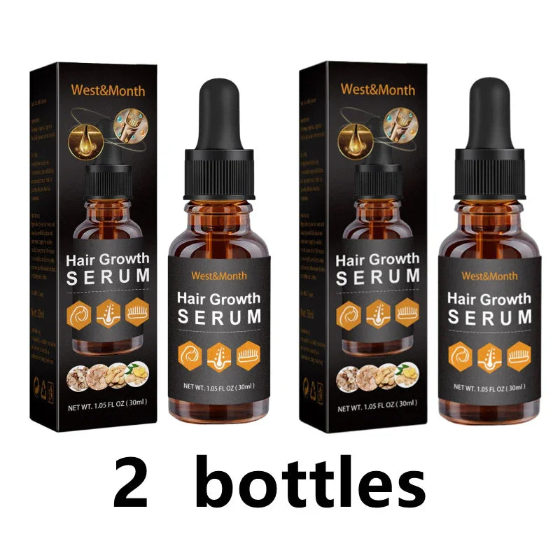 Two bottles of West&Month hair growth serum with product boxes, dropper tops, and natural ingredients.