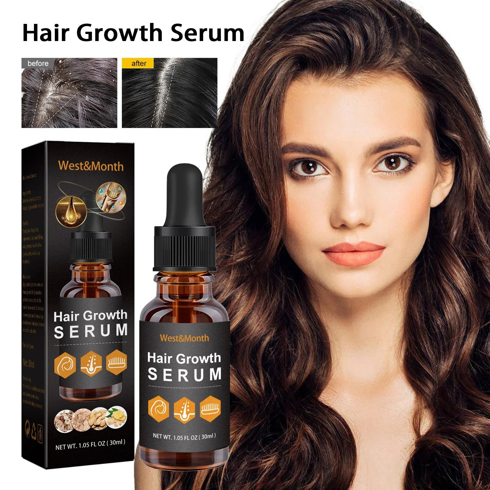 Woman with thick hair, hair growth serum dropper bottle, product packaging, before and after scalp close-ups