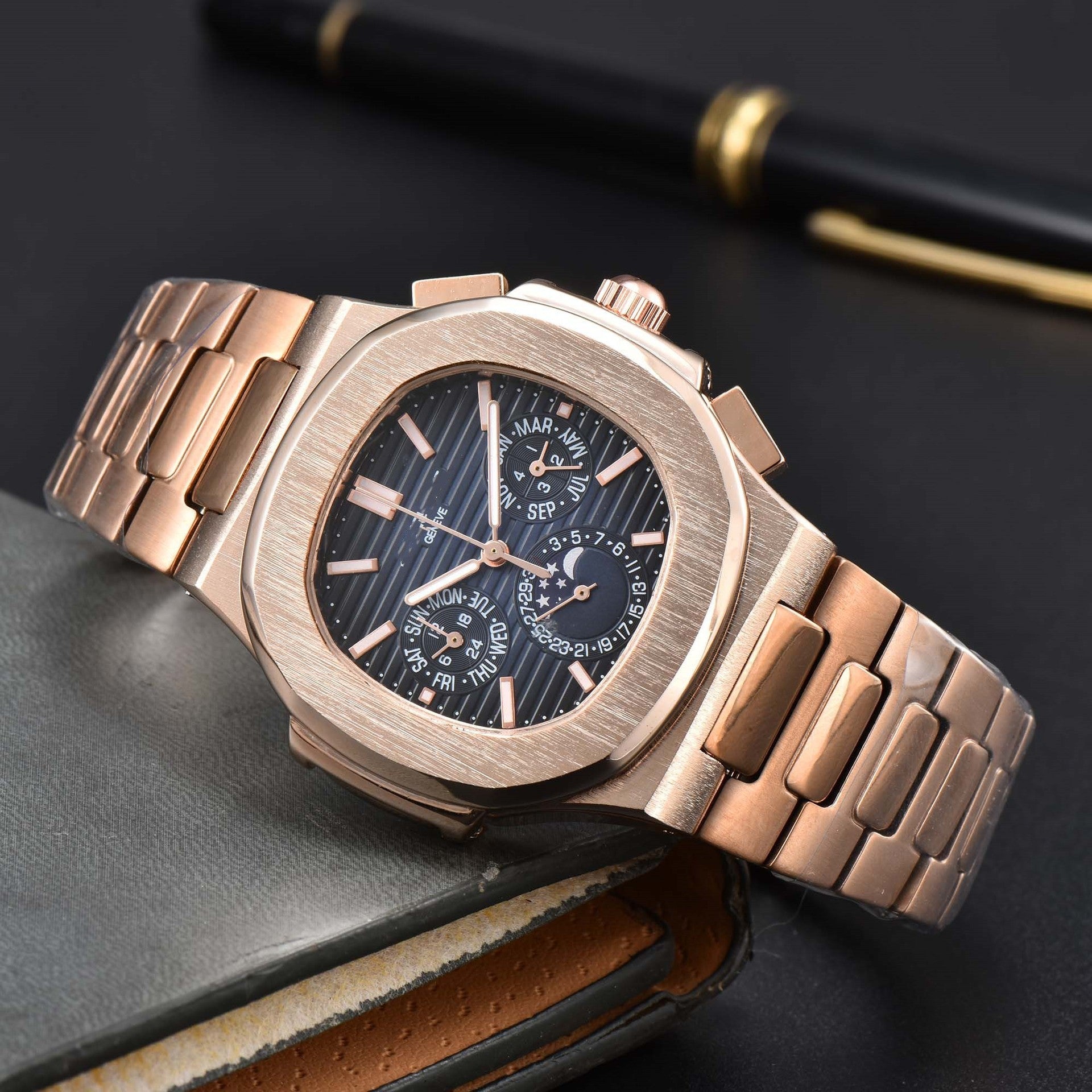 Fashionable Six-Prong Steel-Strap Business-Style Nautilus Mens Watch Strattosolve Incorprated