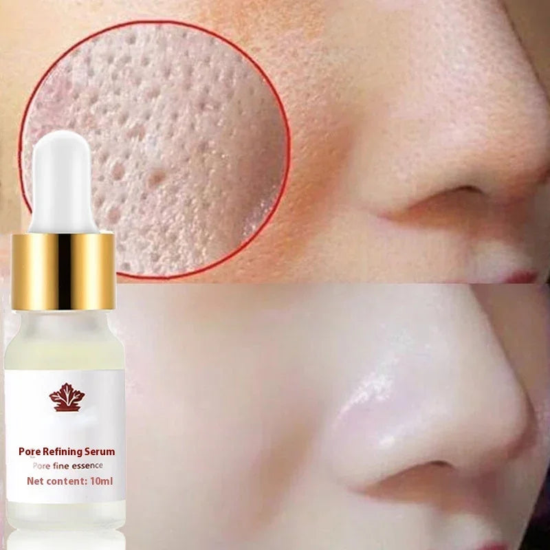 Before and after comparison showing reduced pores on nose with pore refining serum bottle