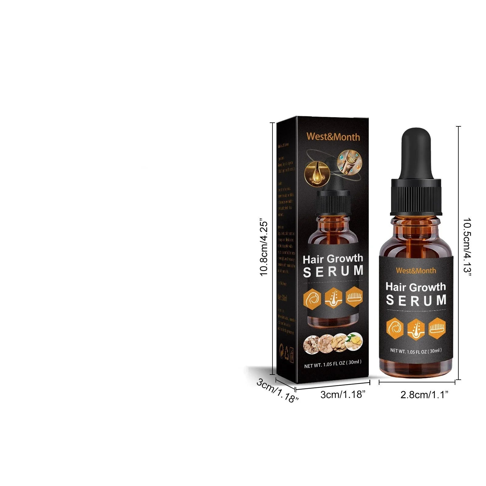 Hair growth serum bottle with dropper and packaging, amber color, labeled West&Month, 30ml