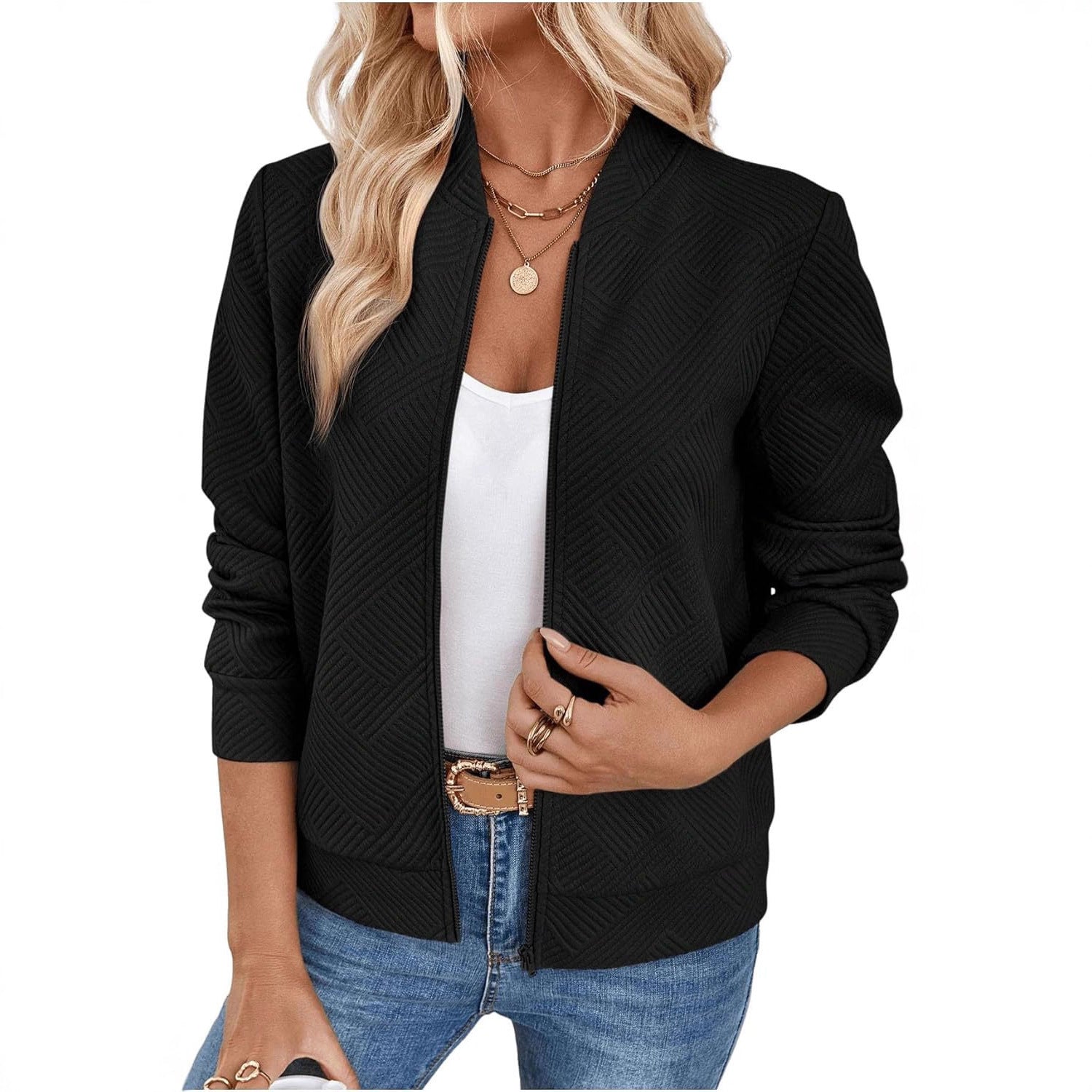 Womens Textured Zip-Up Bomber Jacket Casual Outerwear Strattosolve Incorprated