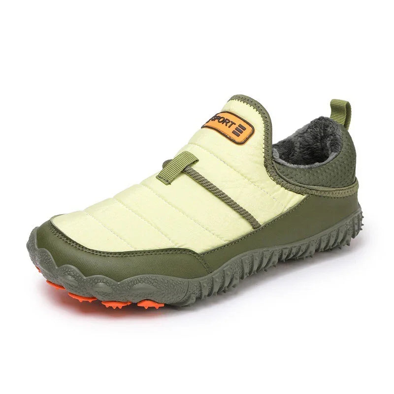 Outdoor slip-on shoe in light green and olive with rugged sole and warm fleece lining