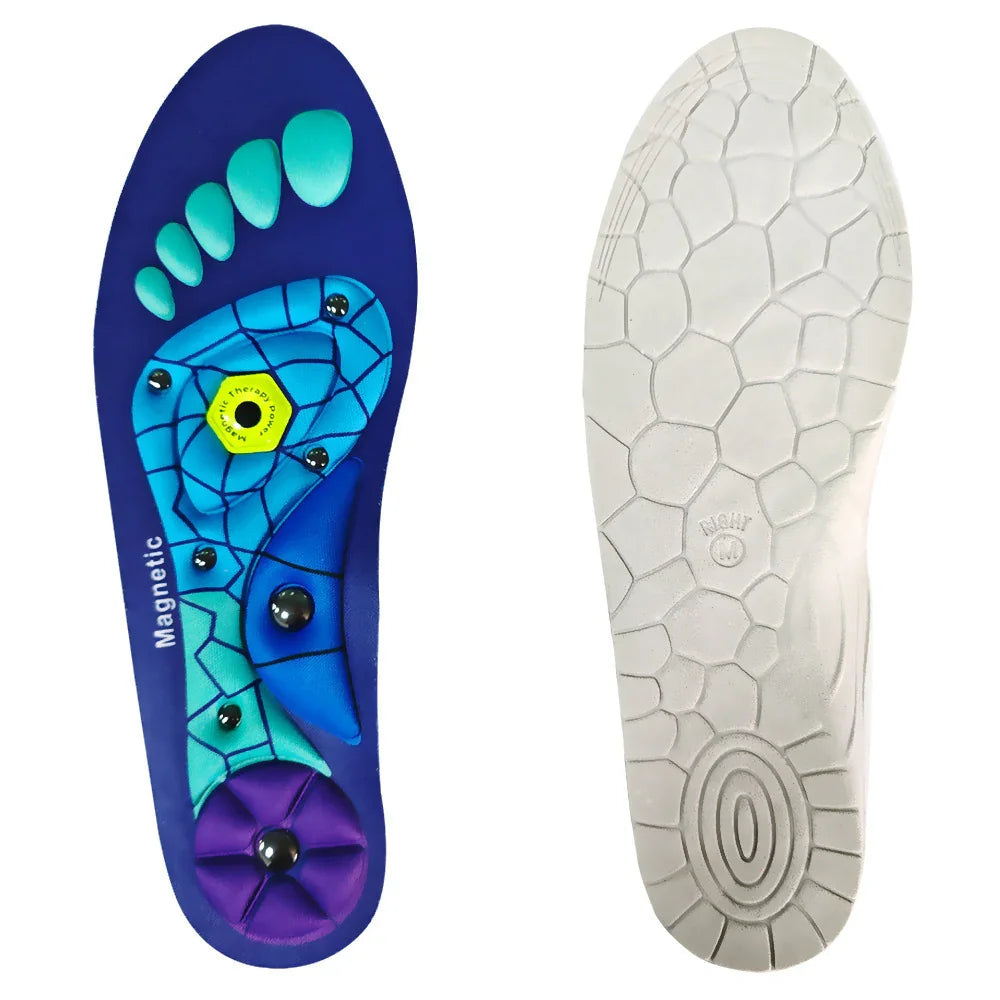 Magnetic therapy shoe insoles with colored foot diagram and textured sole for comfort