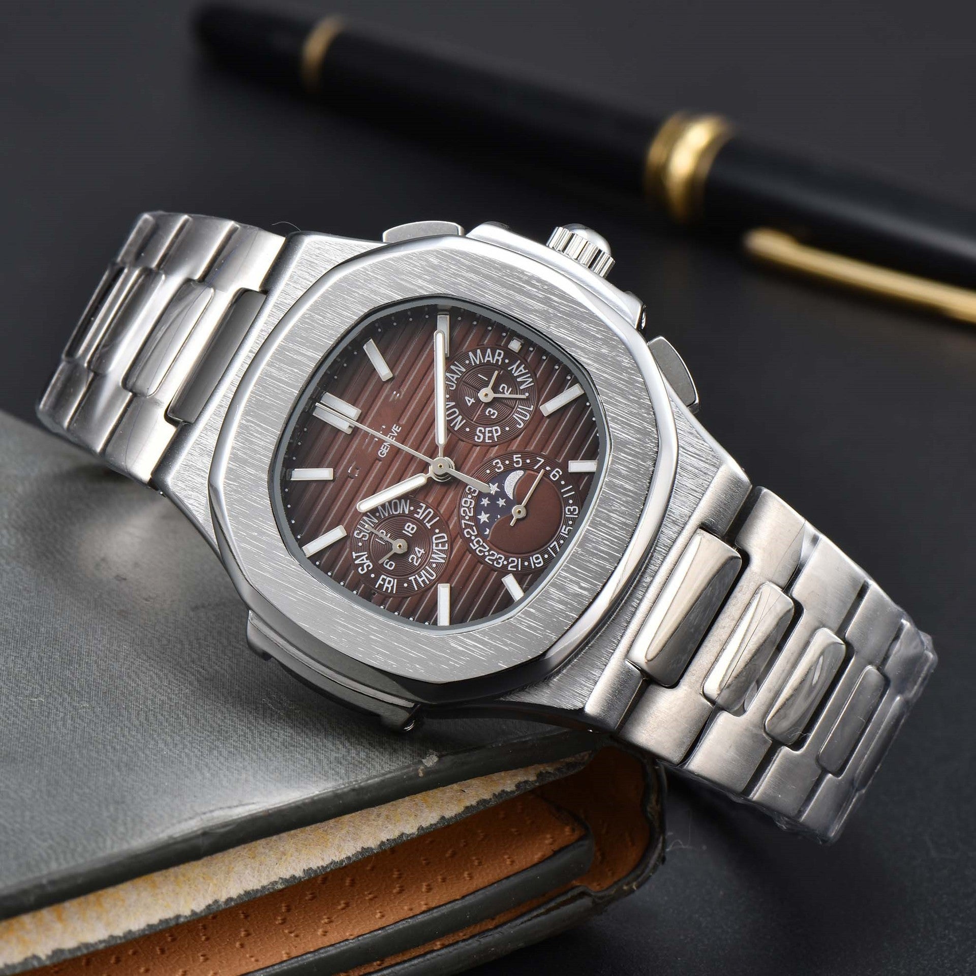 Fashionable Six-Prong Steel-Strap Business-Style Nautilus Mens Watch Strattosolve Incorprated