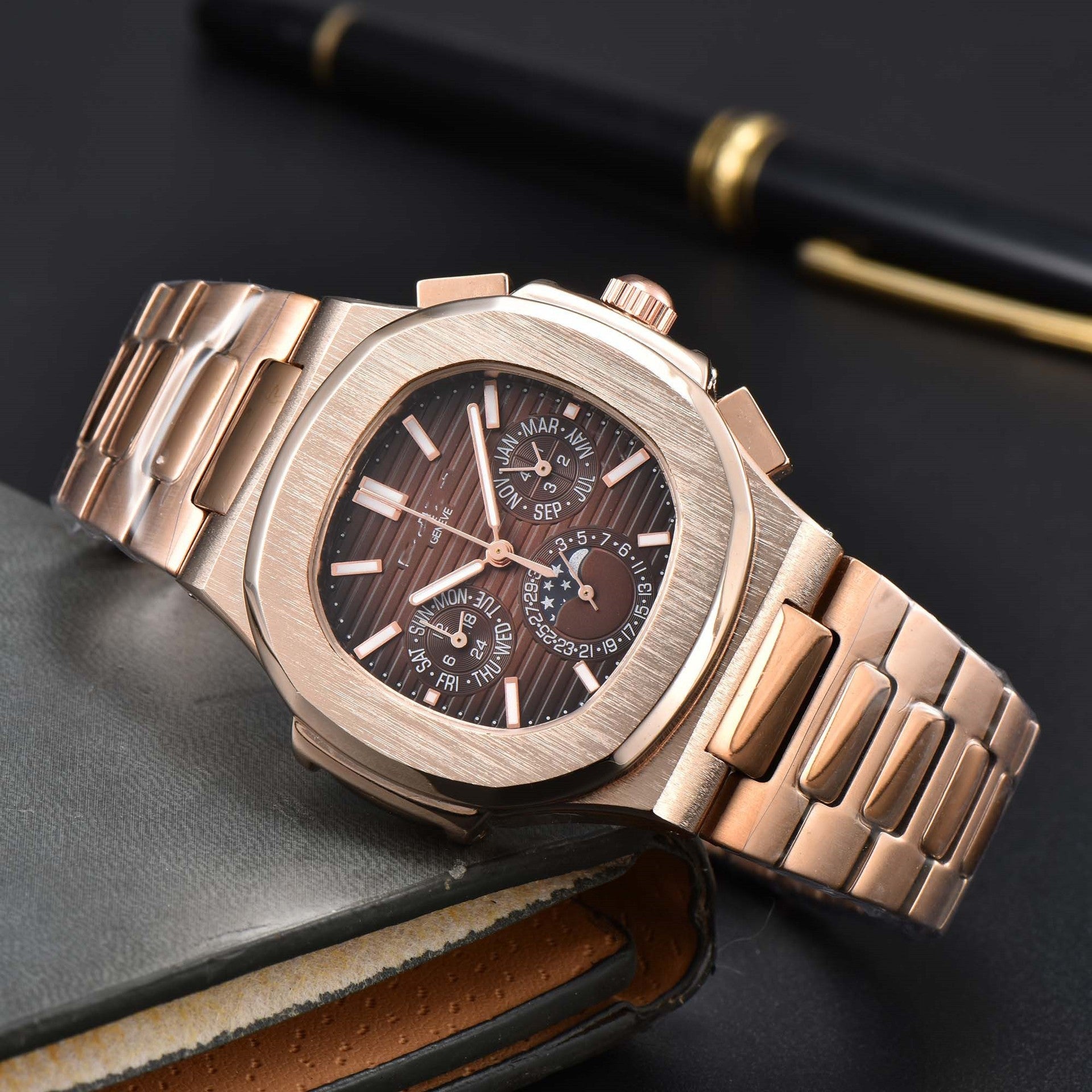 Fashionable Six-Prong Steel-Strap Business-Style Nautilus Mens Watch Strattosolve Incorprated