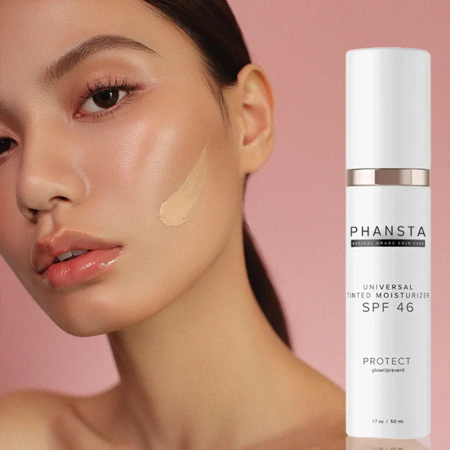 Woman with flawless skin and tinted moisturizer SPF 46, showcasing natural makeup look