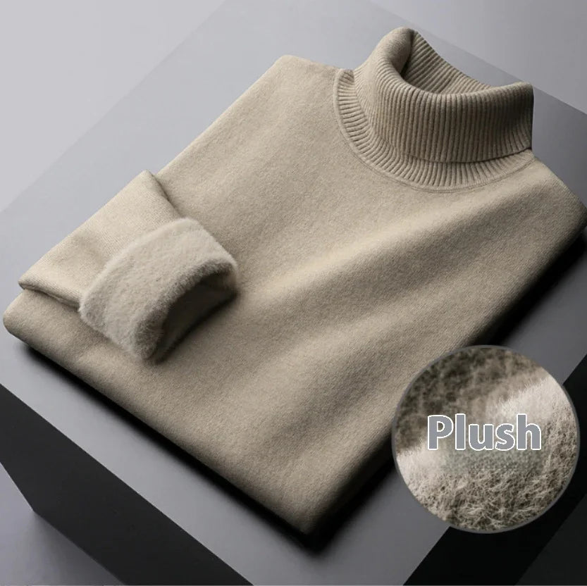 Beige turtleneck sweater folded, featuring soft plush fabric texture detail inset