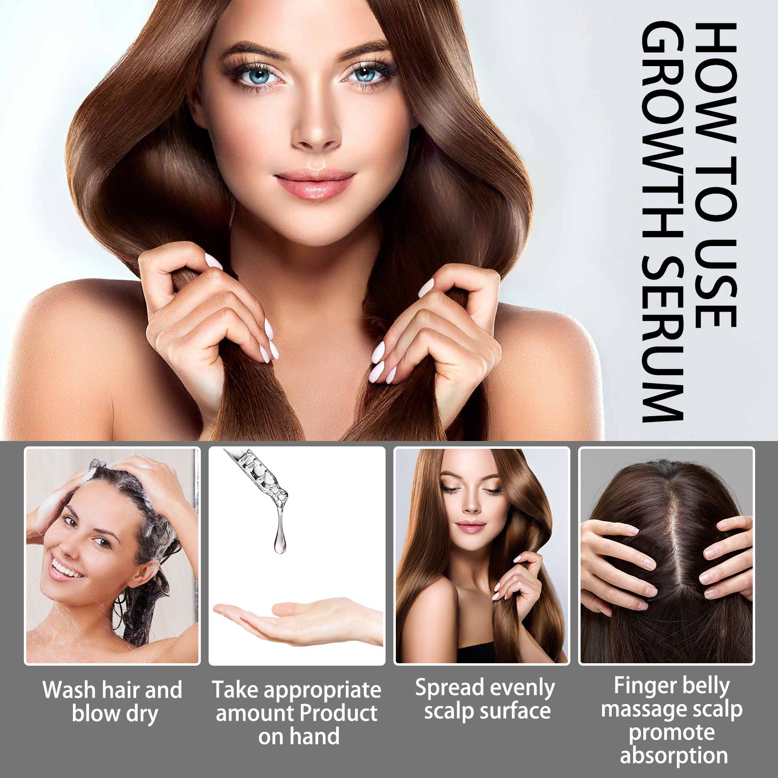 Hair growth serum usage steps with model, washing hair, applying serum, massaging scalp illustrations.