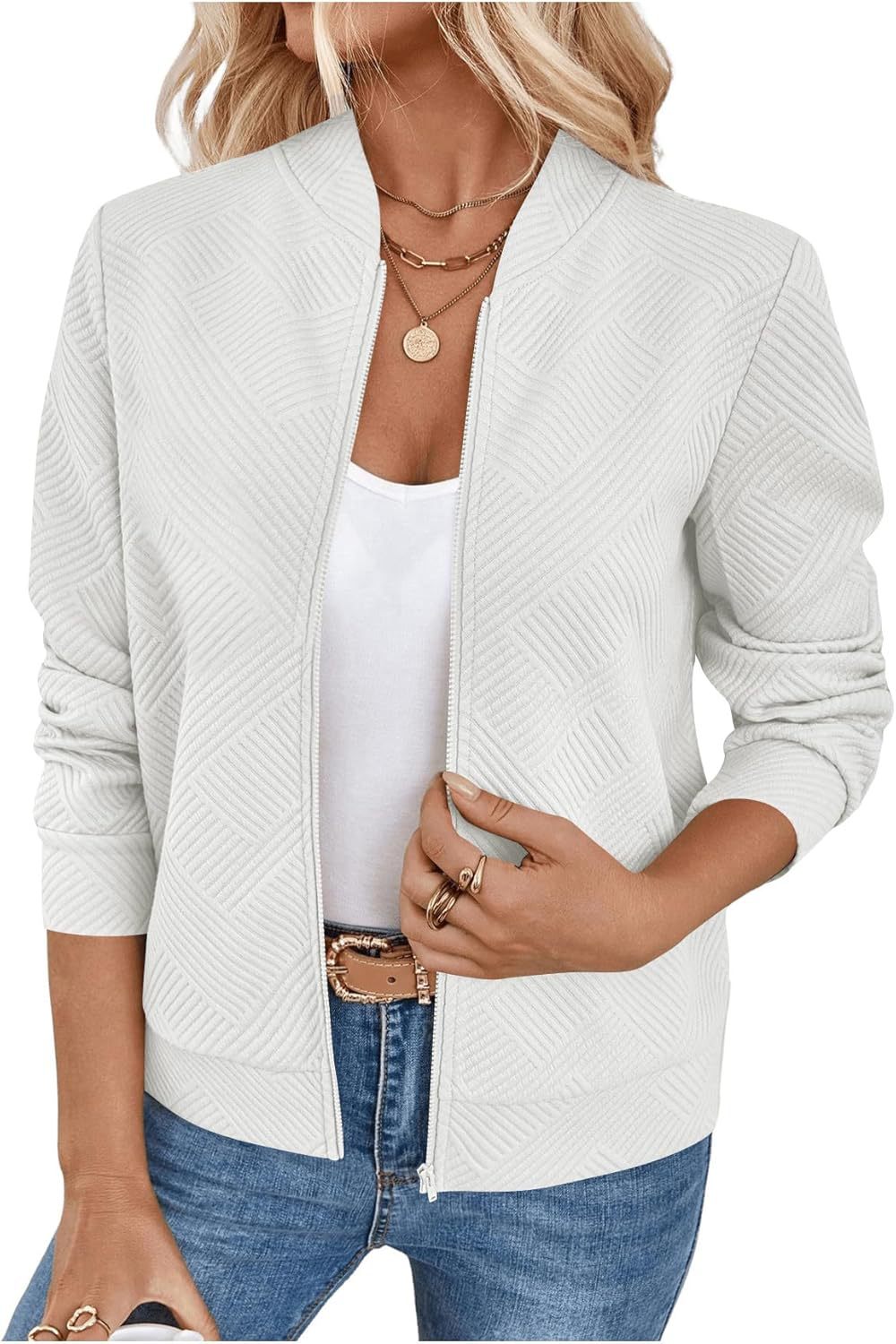 Womens Textured Zip-Up Bomber Jacket Casual Outerwear Strattosolve Incorprated