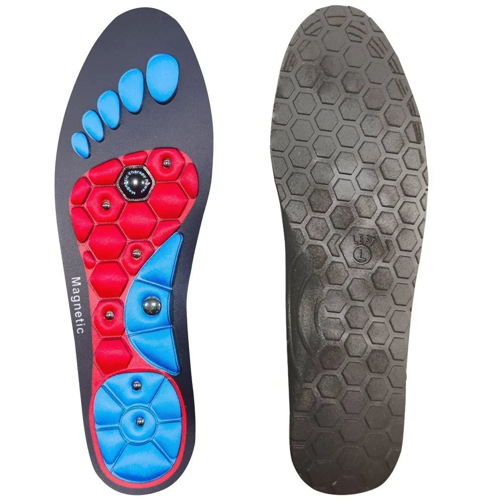 Pair of magnetic acupressure insoles with hexagonal textured sole and colored footbed