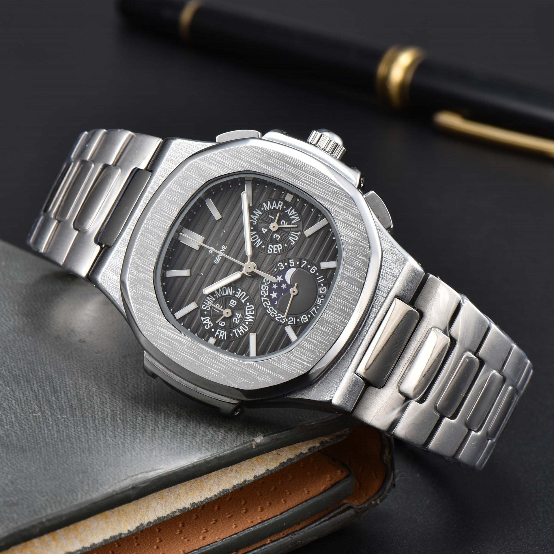 Fashionable Six-Prong Steel-Strap Business-Style Nautilus Mens Watch Strattosolve Incorprated