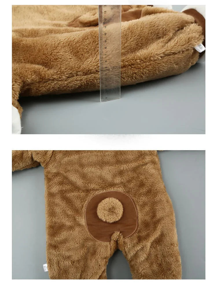 Brown plush bear onesie with tail detail, soft fleece fabric, measurement shown