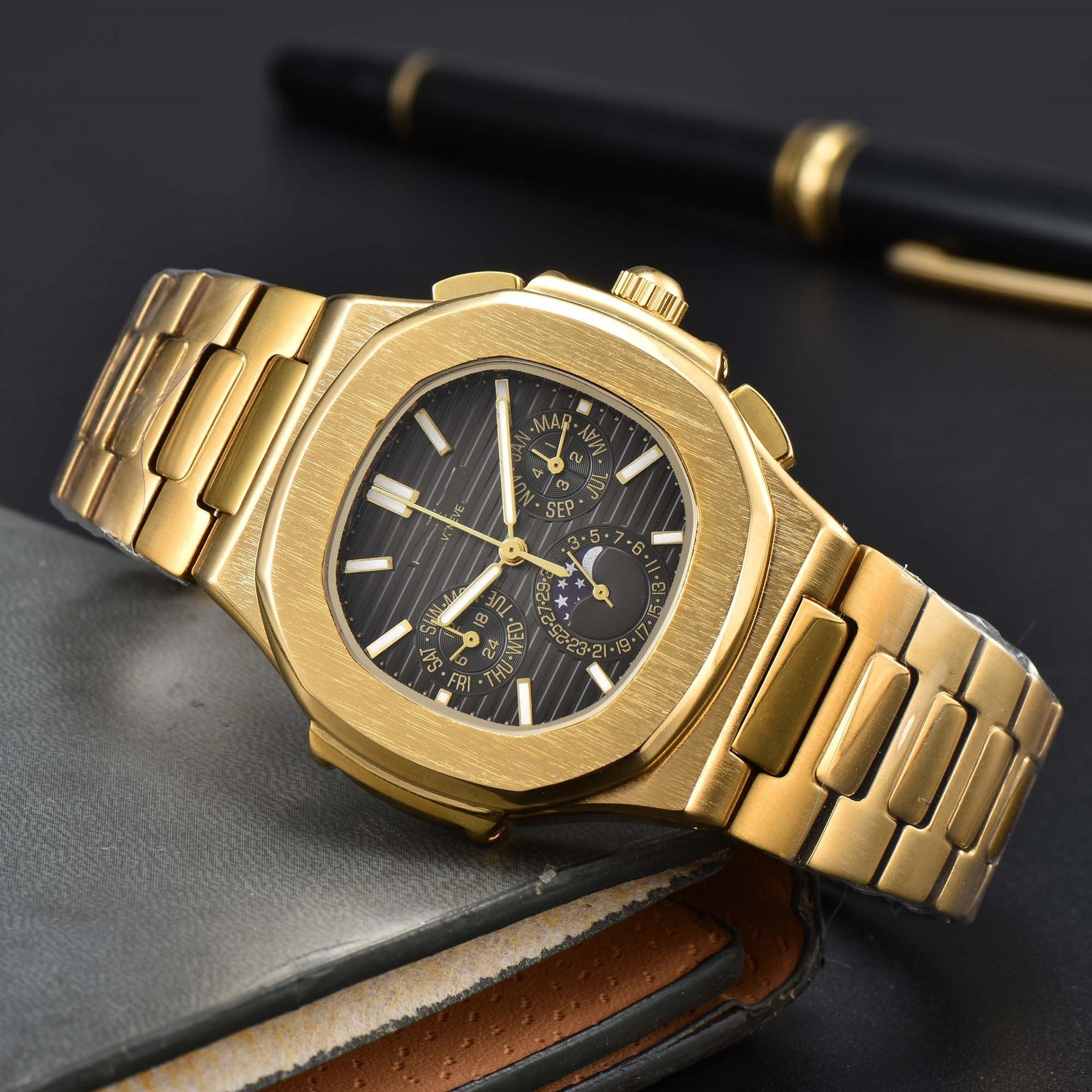 Fashionable Six-Prong Steel-Strap Business-Style Nautilus Mens Watch Strattosolve Incorprated