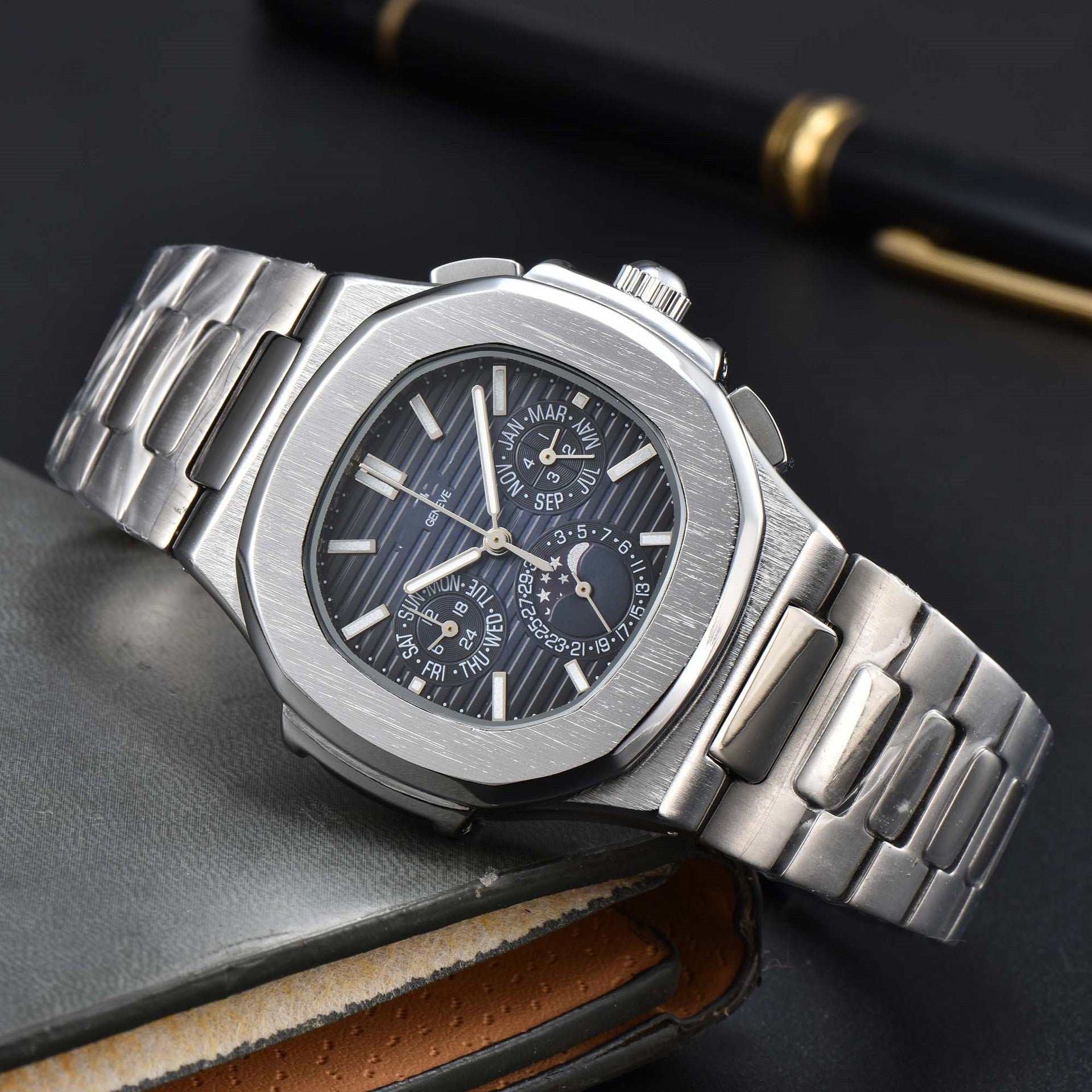 Fashionable Six-Prong Steel-Strap Business-Style Nautilus Mens Watch Strattosolve Incorprated