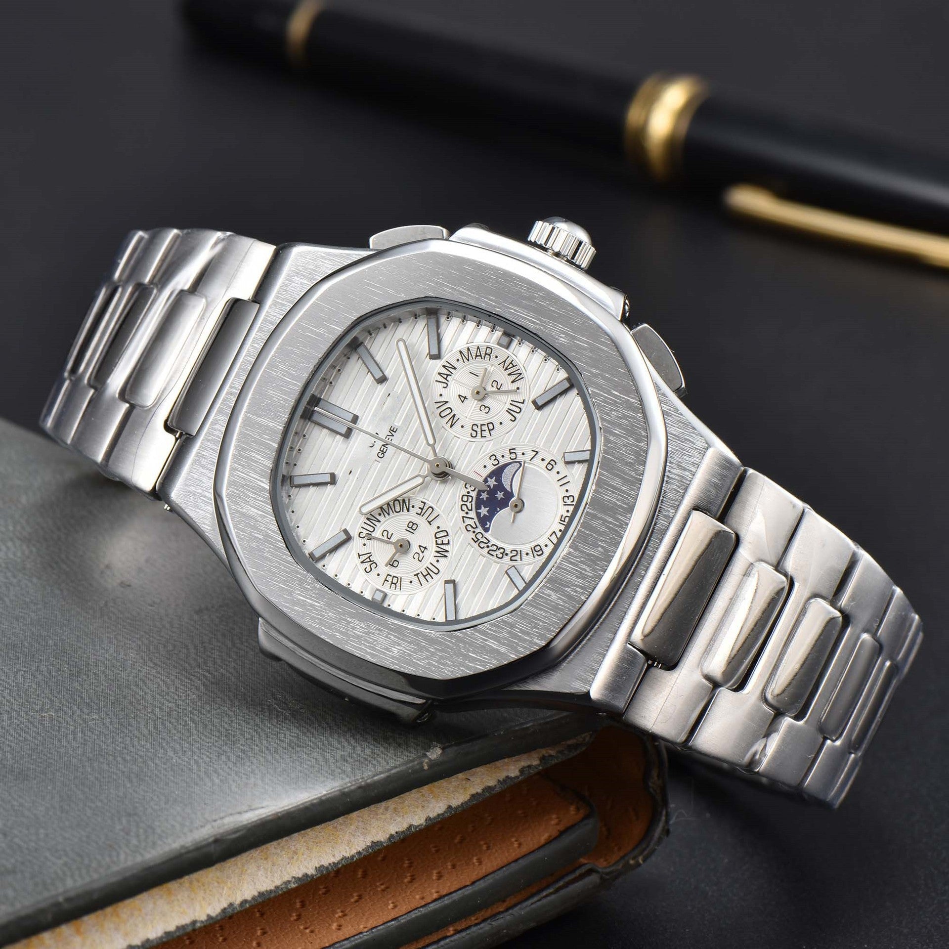 Fashionable Six-Prong Steel-Strap Business-Style Nautilus Mens Watch Strattosolve Incorprated