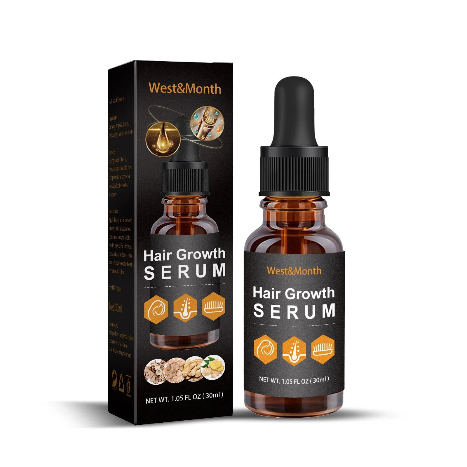 Hair growth serum bottle with dropper and packaging, 30ml, hair care product